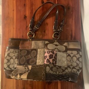 Vintage Coach multi patterned leopard patchwork satchel.